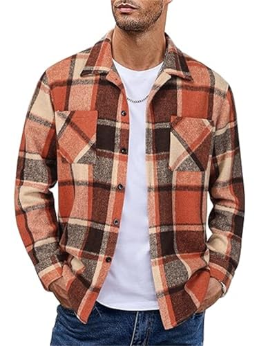 EUDOLAH Camisa de Franela Hombre a Cuadros Overshirt Manga Larga Estilo Leñador Cuello Abotonado y Ajuste Regular Fit Estilo Casual Vintage(4XL,Naranja Rojo)