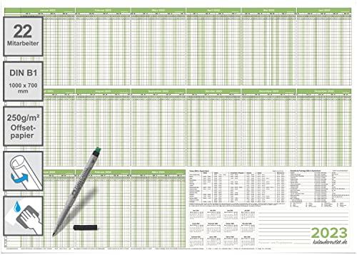 Personalplaner Urlaubsplaner Kalender 2023/24, feucht abwischbar Format DIN B1 70,0 x 100,0 cm für 22 Mitarbeiter grün -mit 1 non-permanent Marker deutsch Cover