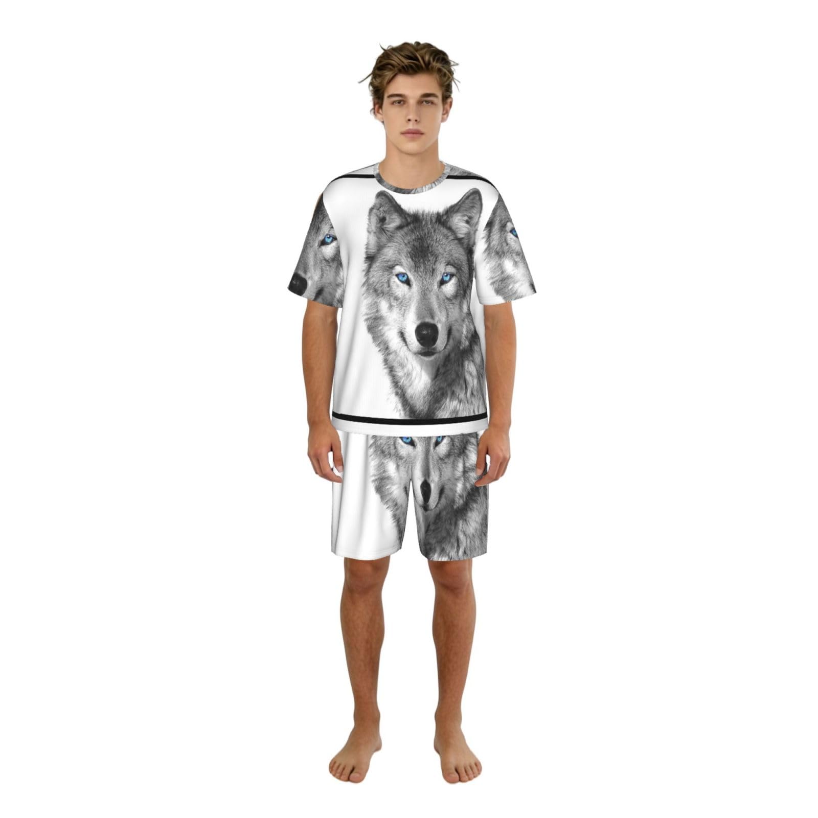 Zouey Crewneck with Pockets Set Nightgown Short Sleeves Shorts Men's Pajama Sets,Blue-Eyed Wolf,One Size,M