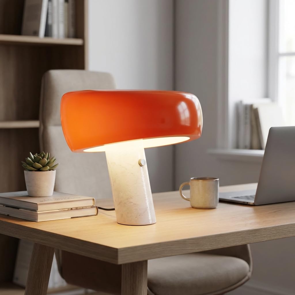 BARCELONA LED Lámpara de Mesa Moderna Naranja con Base de Mármol Blanco, Diseño Clásico y Lujoso para Escritorio, Mesita de Noche o Sala, Estilo Retro y Elegante Pequeña Luz Directa E27, 28cm