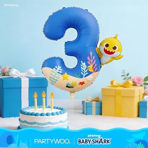 Image of PartyWoo Baby Shark Blue Foil Number 3 Balloon 40 Inch Blue Mylar Helium Birthday Number Balloons for Boys and Girls Baby Shark Under the Sea Ocean Theme Kids Third Birthday Party Decorations