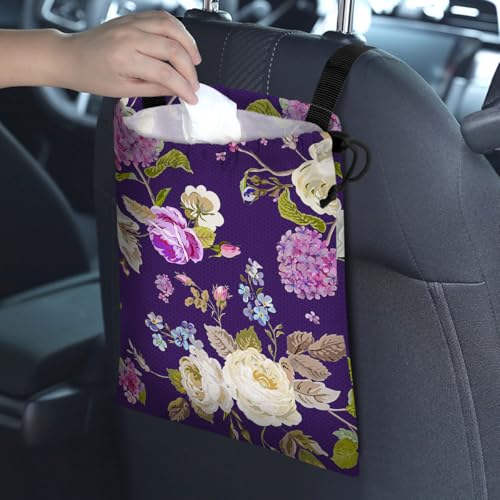 Image of Car Trash Bag Hanging Back of Seat Waterproof Small Cute Printed One-Handed Strap Drawstring Garbage Bags for Car-Purple Floral