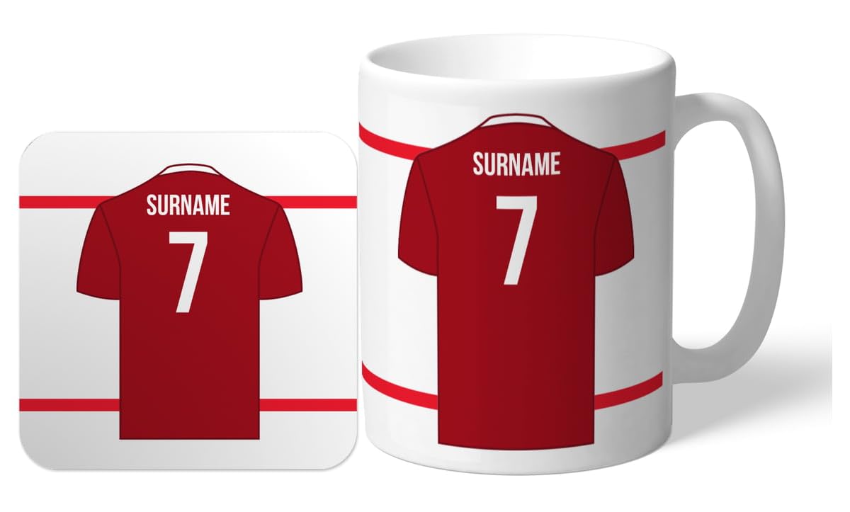 Personalised 'Back of Shirt' 11oz Mug & Coaster Set for Nottingham Forest FC supporters, officially licensed, with club colours, ideal for Forest fans