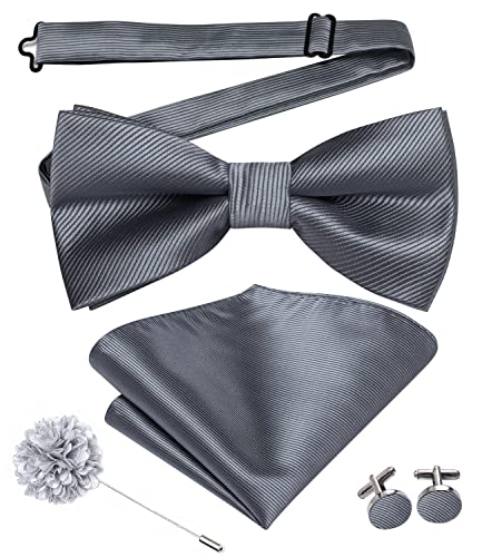 Image of Hi-Tie Dark Gray Mens Pre-Tied Bow Tie and Pocket Square Lapel Pins Cufflinks Mens Bowtie Sets for Wedding Formal Party