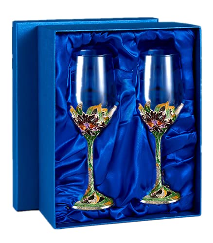 Wine Glasses Crystal Red Wine Glasses Elegant Champagne Glasses Enamels Floral Decorative Goblets(Green /2 set(gift box))