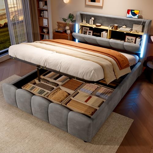 kozamas Cama doble tapizada de 140 x 200 cm con espacio de almacenamiento hidráulico, LED y USB, cabecero con tapa abatible, terciopelo gris, incluye somier de láminas, cama de invitados para