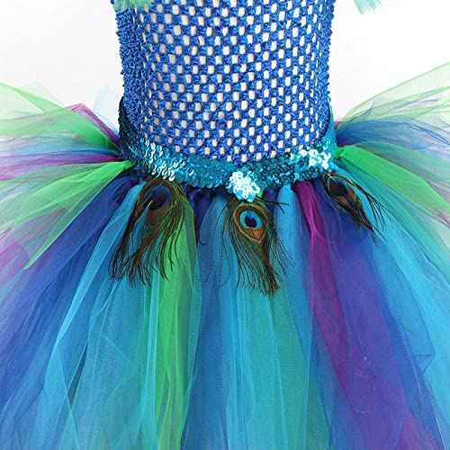 Girls 𝗣eacock Feather Tutu Mesh Dress Kids Princess Model Catwalk Performance Tail Dress Up Party Carnival 𝐂ostume4