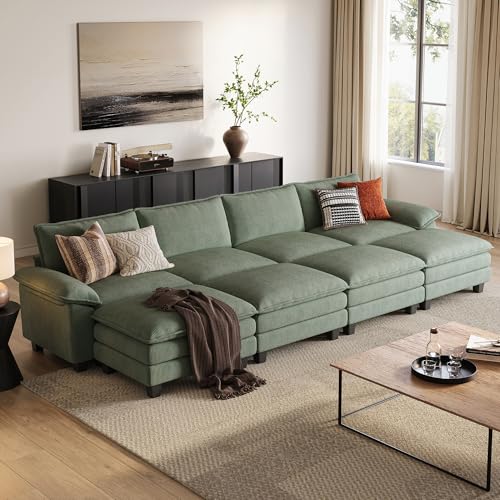Image of LINSY HOME 157'' Modular Sectional Sofa 4 Seat Couch Corduroy Cloud Couch with Deep Seat, Modern Cloud Couch with 4 Movable Ottoman for Living Room, Office, Bedroom, Green