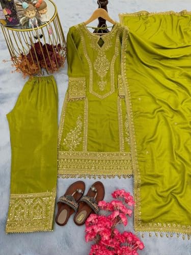 Image of Traditional Embroidered Pakistani Salwar Kameez Set, Pista Green, Cotton Silk with Zari Work