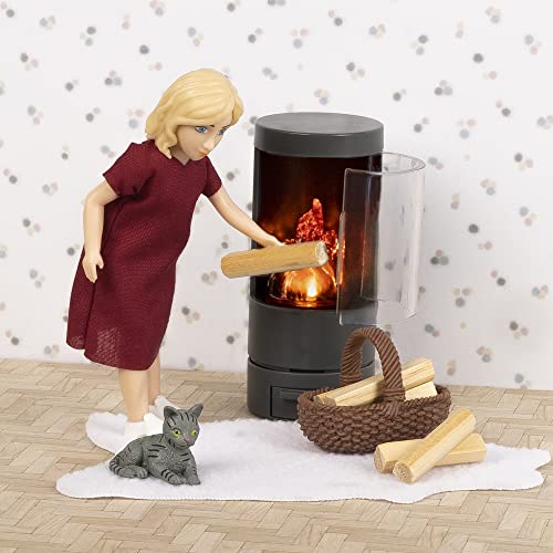 LUNDBY Dolls House Furniture Fireplace, Doll House Accessories, Fireplace Wood Stove LED Fire Flame Light, 4-pieces, Age 4+ - Image 3