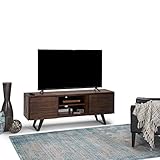 SIMPLIHOME w TV Media Stand, 63 inch Wide, Modern Industrial, Storage Shelves and Cabinets Simpli Home Lowry SOLID WOOD Universal Lo, Distressed Charcoal Brown