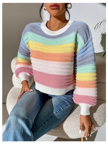 OYOANGLE Women's Color Block Lantern Long Sleeve Rainbow Sweater Drop Shoulder Pullover Jumper Tops4