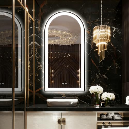 Arched LED Bathroom Mirror, 48"x24" LED Mirror with Frontlit, Arch Backlit Mirrors Black Framed Anti-Fog, 3 Colors, Dimmable, Adjustable Brightness, Waterproof, UL Listed by TheiaMo - Used condition - US$168.55