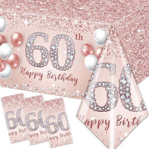 CMUSKO 3 Pack Pink Rose Gold Tablecloth Decorations, 60th Birthday Theme Party Supplies, Plastic Rectangular Table Cloth Decor