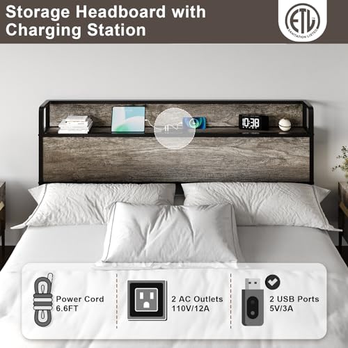 Image of AMERLIFE King Size Lift Up Storage Bed Frame, Wooden Platform Bed Frame with Lifting Storage & Charging Station, No Spring Box Needed /Noise Free, Rustic Grey