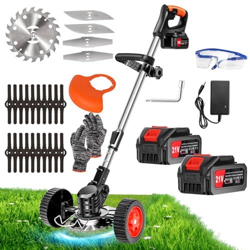Electric Weed Wacker Cordless, Adjustable Grass Trimmer, Telescopic Lightweight Brush Cutter with 2 Batteries and 4 Kind Blades Weed Trimmer, String Trimmer Suitable for Yard, Garden, Sidewalk Edges