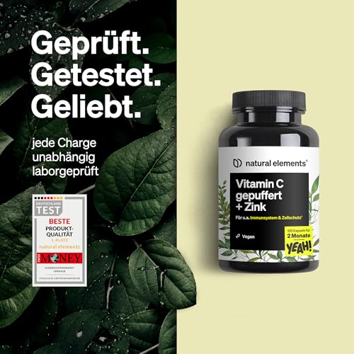 natural elements Vitamin C - 120 Kapseln - Hochdosiert mit 1000mg + 15mg Zink - Pflanzlich fermentiert & gepuffert (pH-neutral, säurefrei, magenschonend) - vegan, laborgeprüfte Qualität