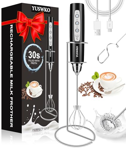 Image of YUSWKO Milk Frother Handheld for Coffee with Stand, Rechargeable Drink Mixer with 3 Heads 3 Speeds Electric Coffee Frother Whisk, Gift for Many Occasions and Festival