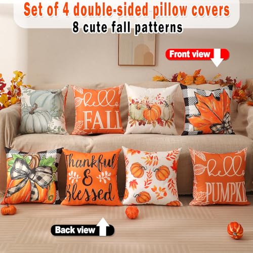 Fall Decorations Set Of 4 Double-Sided Print Fall Pillow Covers with 8 Cute Different Looks with Autumn Decor, Bright And Colorful, 20" x 20" Soft Linen Throw Pillow Covers for Outdoor & Indoor Use