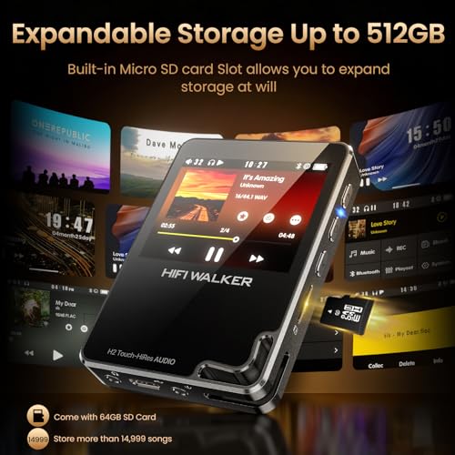 Image of HIFI WALKER H2 Touch Hi-Res MP3 Player with Bluetooth, 2.4 inch HD Touchscreen, Lossless DSD FLAC Music Player, 64GB Memory Card Included, Supports up to 512GB