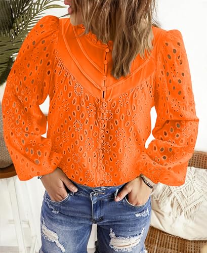 BETTE BOUTIK Women's Long Short Sleeve Tops 2025 Dressy Casual Button Hollow Out Lace Embroidered Blouses Shirts