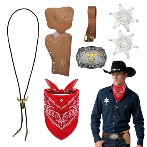 SAIIURV 7 Pièces Cowboy Costume Accessoires Set, Western Cowboy Cosplay Costume Set avec Bandana Etui Ceinture Boucle Bolo Cravate Collier Badge, Déguisement pour Adulte Hippie Carnaval (Marron)