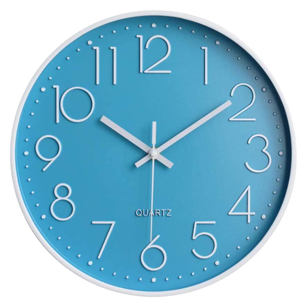 Silent Wall Clock 12 In Kitchen Clock Quartz Battery Operated Round Modern Home Decor Clock for Office Class Room Living Room Bedrooms (Light blue -white)