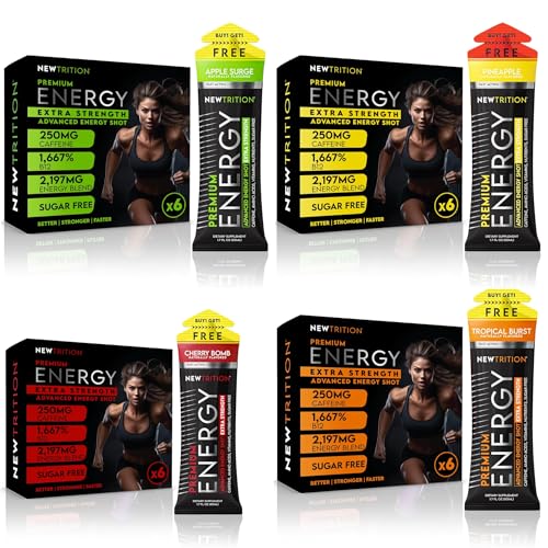 Image of NewTrition Extra Strength Energy Shots 1.7 fl oz - 250mg Caffeine with B Vitamins & Amino Acids, Sugar-Free Zero Calorie Vitamin Energy Drink for Focus & Endurance (Pack of 24, 8 Flavors - Mixed 1&2)