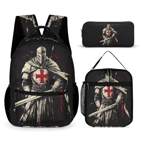 Knights Printed Backpack with Lunch Box Bag Pencil Case Pouch 3pcs Daypack Set for Women Men