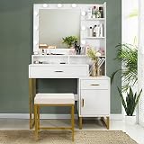 TOLEAD Vanity Set with Lighted Mirror& Stool, Elegant Makeup Vanity Dressing Table with 9 LED Lights