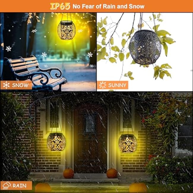 Solar Lanterns Outdoor Waterproof, 2 Pack Hanging Solar Lights Outside Garden Decor, Gifts for Women Mom Grandma Metal Decorative Lantern for Patio Yard Porch Balcony Backyard Lawn(4.6x4.6inch)