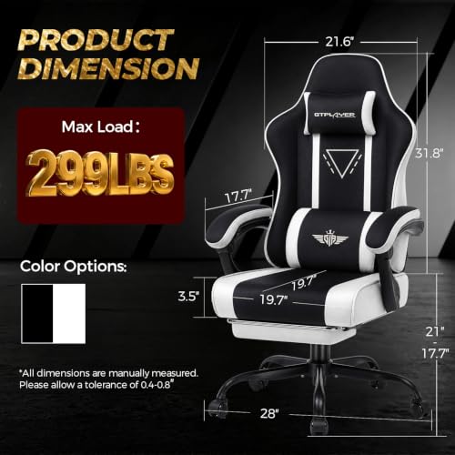Image of GTPLAYER Video Gaming Chair Fabric, Ergonomic Computer Chair with Footrest and Pocket Spring Cushion, Height Adjustable Video Gamer Chair with Lumbar Support for Adults, White