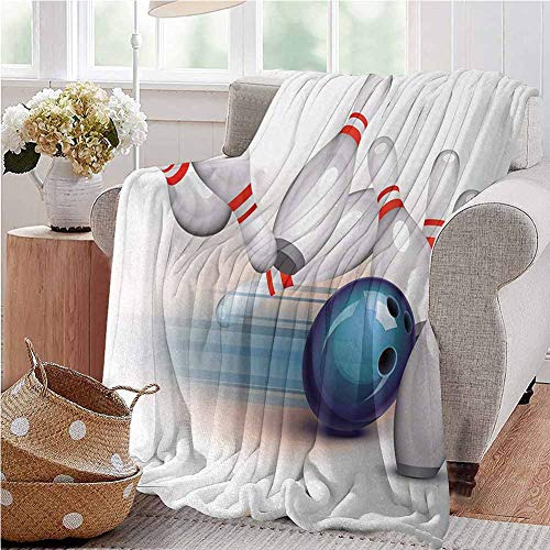 Bowling Party Family Blanket Thrown Ball and Scattered Pins Speed Hit The Target Shot Score Winter Warm Blanket Twin Size White Pale Blue Red