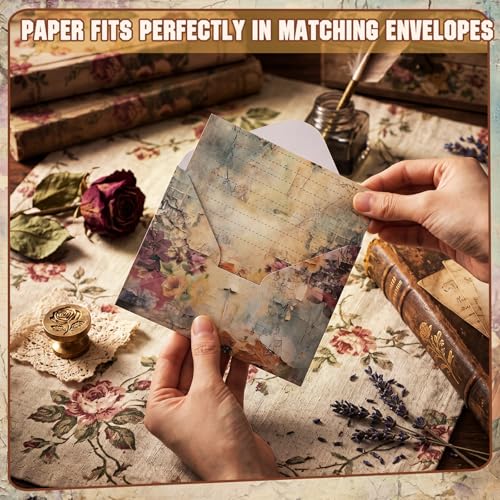 Image of TaoBary 160 Pcs Stationery Paper Kit 50 Double Sided Stationery Papers with 50 Matching Envelopes and 60 Round Dot Sticker, 10 Design (vintage Floral, 8.25 x 5.5 Inch)