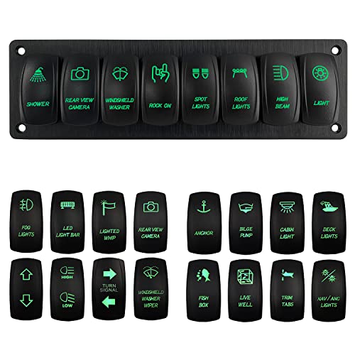 Image of 8 Gang RZR Rocker Switch Panel Pre-Wired Aluminum Green Led Marine Grade Boat Switch Panel for Truck Pontoon Camper ATV Jeep Wrangler Console Waterproof 12V 24V IP66