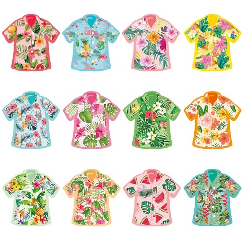 Image of 48Pcs Hawaiian Flower Shirt Cutouts Summer Bulletin Board Decorations Colorful Flower Shirt Paper Cut-Outs Tropical Theme Cutouts for Summer Party Home Office School Classroom Decor