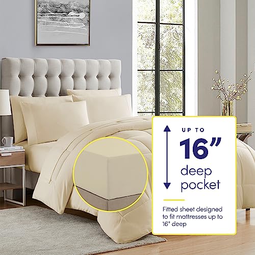 Sweet Home Collection 7 Piece Comforter Set Bag Solid Color All Season Soft Down Alternative Blanket & Luxurious Microfiber Bed Sheets, Beige, Queen