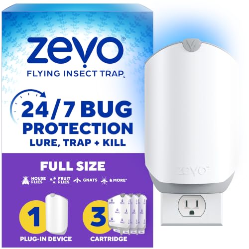 Zevo Flying Insect Trap for Fruit Flies & Gnats, 1 Plug-In Base & 3 Refills | Catches Fruit Flies & Gnats Near Fruit Bowls & Trash Bins, Spray-Free, Odor-Free, Blue & UV Light Trap, Safe for Kids & Pets*