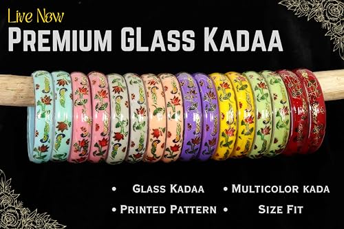 Image of NMII Traditional Glass With Diamond Cutting Pattern Glossy Finished Stylish Kada Set For Women And Girls | Crystal Glass Kada Bangles Set For Wedding, Festive