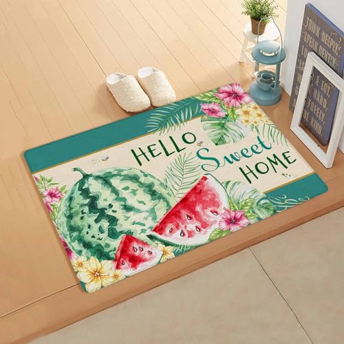 Watermelon Antifatigue Kitchen Bath Door Mat Cushioned Runner Rug,Washable Welcome Floor Sink Mat,Waterproof & Non-Slip Standing Doormat for Kitchen,Summer Green Tropical Palm Leaves Floral 24