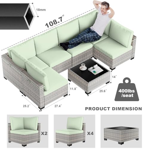 Image of Outdoor PE Wicker Rattan Modular Patio Sectional Sofa Set | 7-Piece: 6 Modular Seats & Coffee Table with Thick Cushions, Light Green