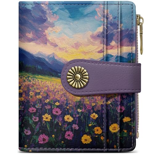 Image of Small Wallet for Women, RFID Blocking Bifold Card Holder Wallet with 10 Card Slots, Cash Compartment, Zipper Coin Pocket & ID Window, Cute Soft Vegan Leather Compact Wallet, Blush Horizon