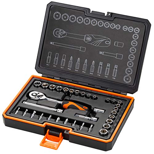 KENDO 35PCS 1/4’’ Dr. Ratchet Socket Wrench Set - Professional CRV SAE