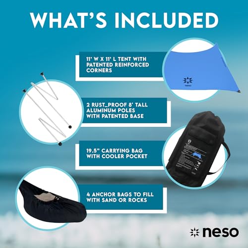 Image of Neso Gigante Portable Beach Tent Sun Shelter - Lightweight Beach Shade Canopy - Easy Setup for Family Outings - Patented Reinforced Corners - UPF 50+ - 8ft Tall, 11 x 11ft - Periwinkle Blue
