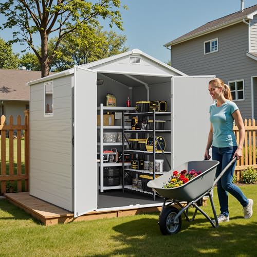 Image of Greesum 6x6FT Plastic Outdoor Storage Shed with Floor, Resin Sheds with Lockable Double Door, Tool Sheds with Window and Vents, for Garden, Backyard, Patio, Light Gray