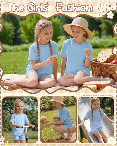 Image of Oakgarden Girls 2 Piece Outfits School Clothes | Back to School, Travel, Summer, Casual Sets, Athletic, Short Sleeve Top, Bike Shorts, Tween, Trendy, Matching Clothing, 5-14Y