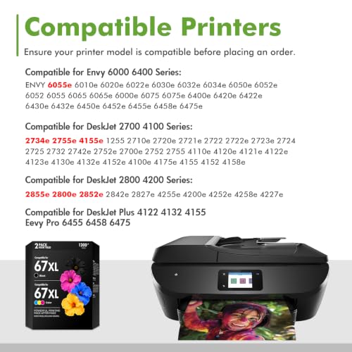 Image of 67 67XL Ink Cartridge Black /Color Combo Pack 2800e 2855e Replacement for HP67XL Work for HP Deskjet 2700 2755e 4255e 4155e 2827e 2852e 2700e Envy 6055e 6000 6400 6455e Printer (1 Black,1 Tri-Color)
