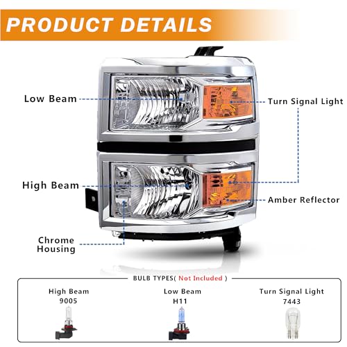 Headlights Assembly for 2014-2015 Chevy Silverado 1500 Halogen Factory OE Style Headlamp Driver & Passenger Side, Chrome Housing Amber Corner - Image 5