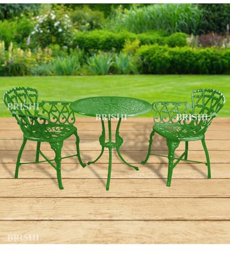 Image of BRISHI Cast Aluminium Garden Patio Seating Chair and Table Set for Balcony Outdoor Furniture with 1 Table and 2 Chair Set (Green)