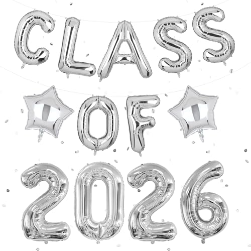 Class Of 2026 Decorations Balloons Class Of 2026 Balloon With Star Banner Graduation Foil Balloons 16inch Prom Decorations for Graduation Congratulations Prom Party Backdrop Decoration (silver)